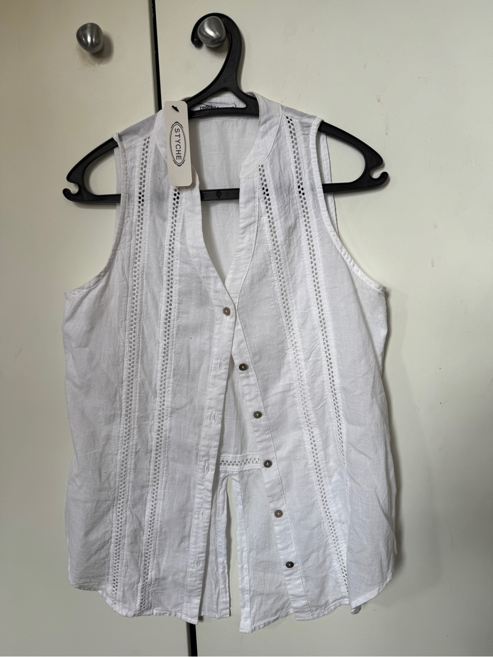 White Sleeveless Button-Front Linen Top with Stitched-Detail Panels